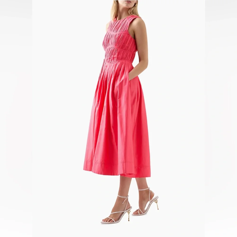 NEW NWT Aje. Sculptra Nya Gathered Midi Dress In Rouge Pink